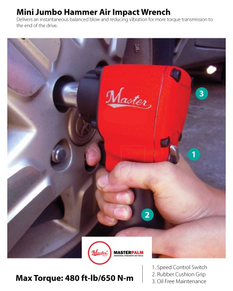 Master Palm Mini Light Weight Impact Wrench, 1/2" Square Drive, Max. 480 ft-lb