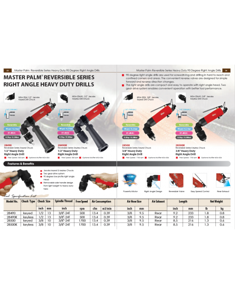 Master Palm 28490 Industrial 1/2" Keyed Jacobs Chuck 90-Degree Angle Pneumatic Air Drill – Low Profile Right Angle, 500 RPM