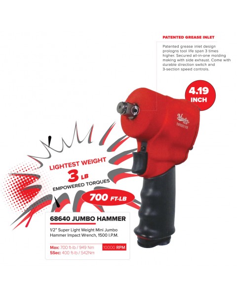 Master Palm  1/2" Ultra Compact Small Pneumatic Air Impact Wrench - 700 Ft/lb - 949 Nm